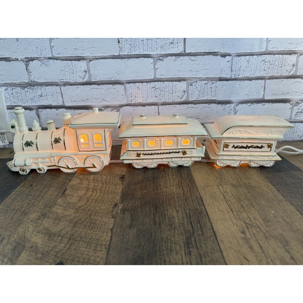 Porcelain Train Set lighted #199543 Christmas Holiday Gold Painted Trim Mint